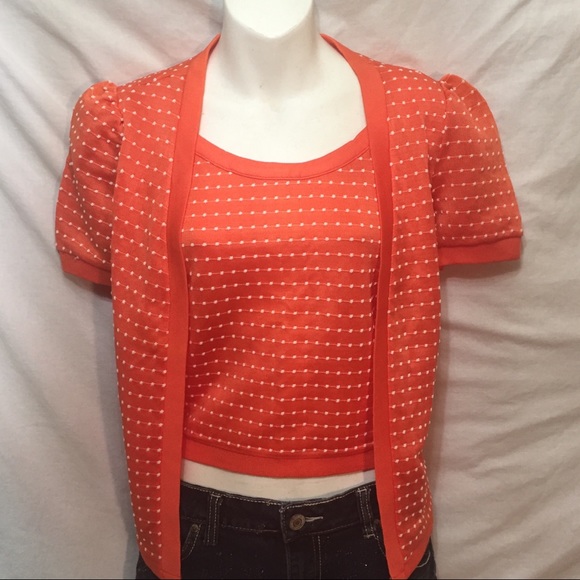 Vintage 70s Tangerine Orange polkadotted top S/M - Picture 2 of 6